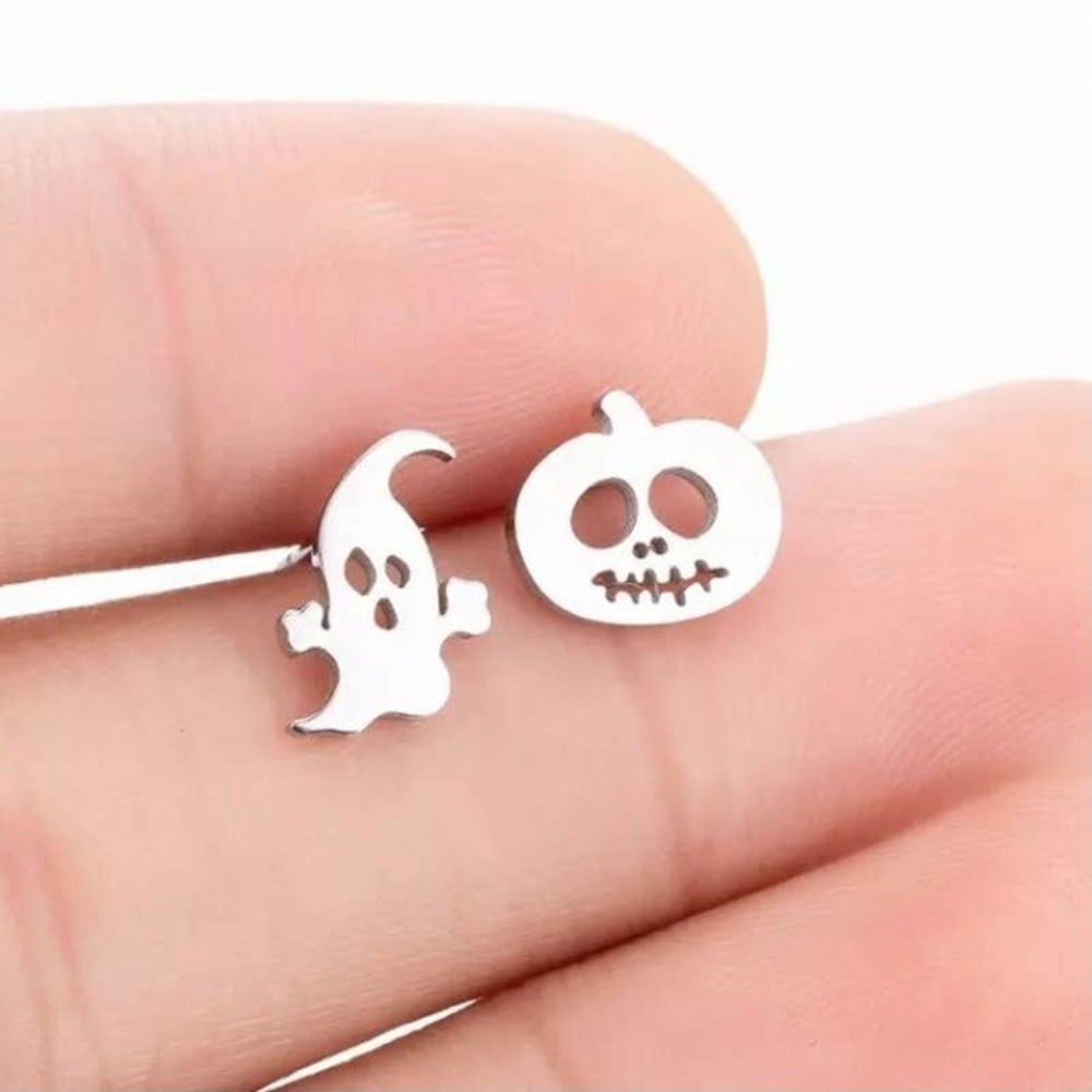 Silver Stainless Steel Mismatched Jack-O-Lantern and Ghost Earrings - Picture 8 of 8